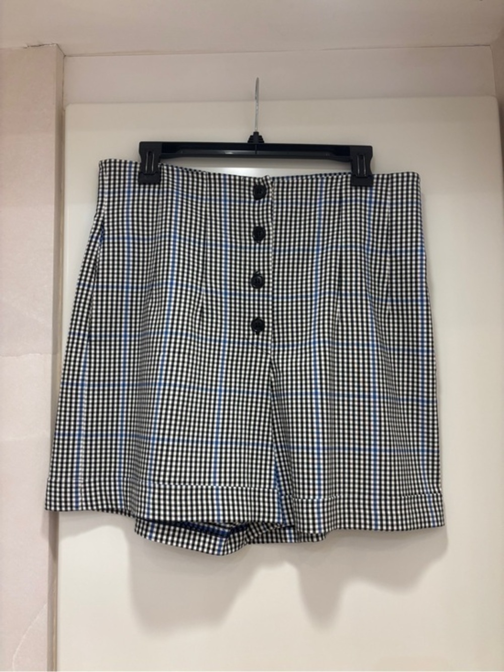 High-Waist Gingham Women’s Shorts - Black/White with Blue Accent Size 42
